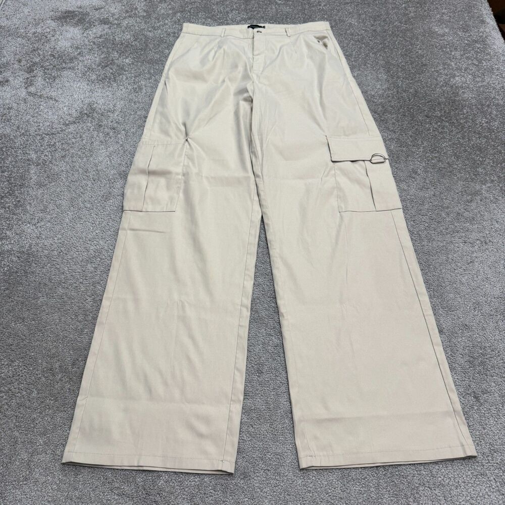 Prettylittlething PLT Shape Wide Leg Cargo Pants Womens 14 Beige High Rise 34x34